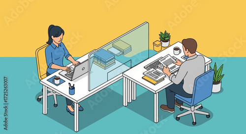 Two colleagues working at individual desks separated by a transparent partition.
