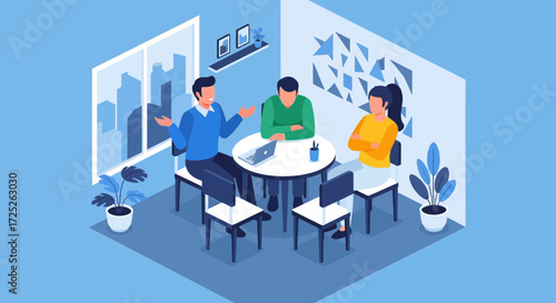 Describe the image in 6-180 characters, avoiding keyword lists. The image shows three people in a meeting room, discussing.