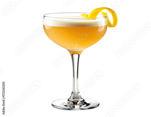 Golden cocktail in a coupe glass, garnished with lemon zest