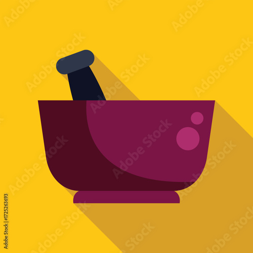 Purple mortar and pestle on yellow background, representing herbal remedies and traditional medicine practices