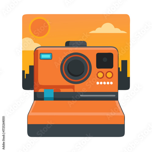 retro photo camera vInstant Camera Photo Vector with Sunset Cityscape and Retro Orange Styleector illustration