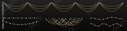 Glowing Christmas lights garland. Golden LED lights isolated on transparent background for festive design. Set garlands PNG