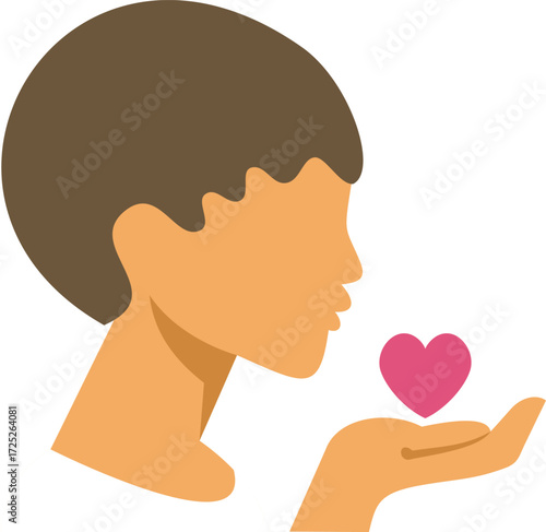 Profile of a young person blowing a kiss towards a pink heart resting on their open hand