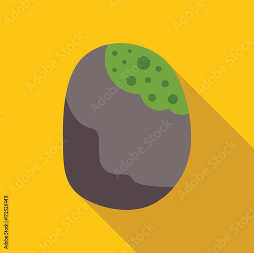 Grey rock partially covered with green moss, simple flat design with long shadow on yellow background