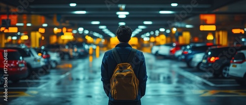 Night Parking Garage Solitude: A Man's Back View Amidst Parked Cars
