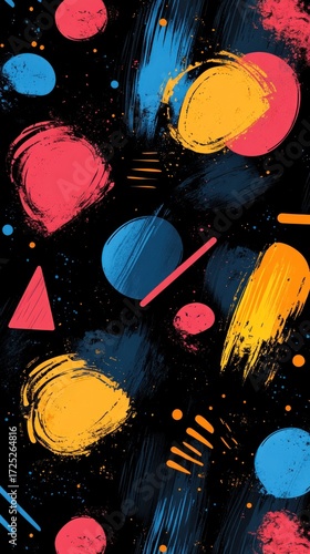 Abstract Colorful Geometric Pattern: Vibrant Brushstrokes and Shapes on Black Background