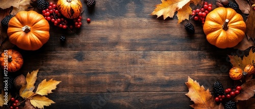 Autumn Thanksgiving Background: Pumpkins, Berries, and Fall Leaves on Rustic Wood