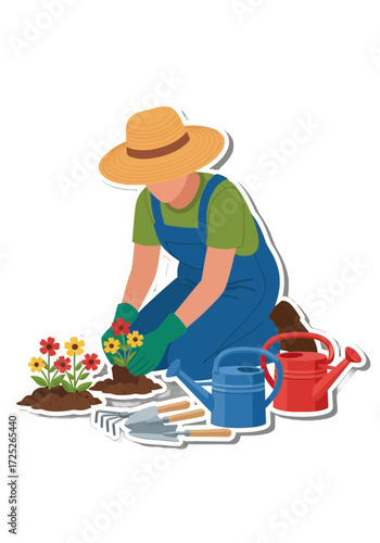 Flat Vector Illustration of a Gardener Planting Flowers