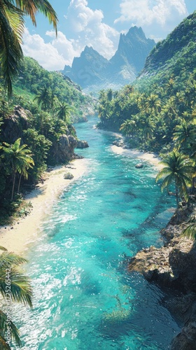 Tropical Paradise: Serene River Flowing Through Lush Valley