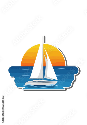 Graphic Vector Sailboat Sailing on Ocean at Sunset