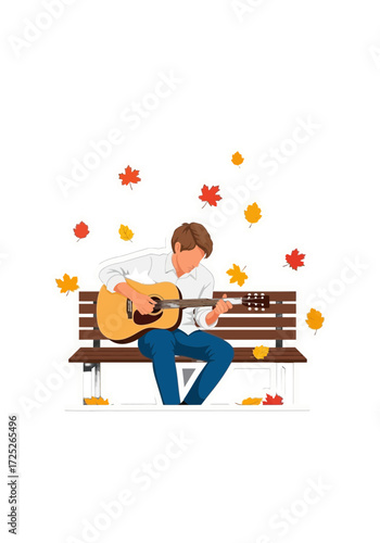 Flat Vector Illustration of Man Playing Guitar in Autumn