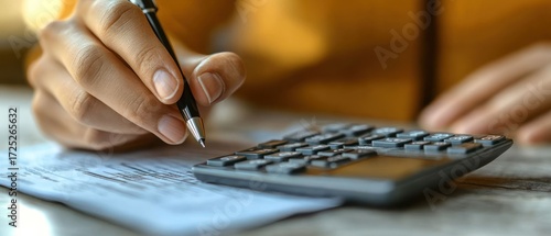 Close-up of Hands Calculating Bills, Budget, Finance, Accounting, and Tax