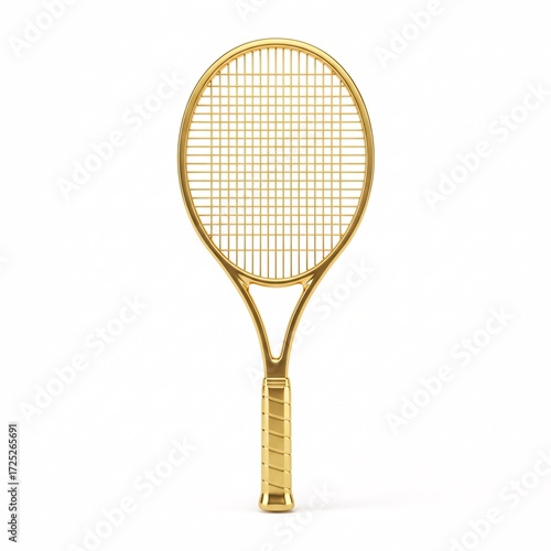 A golden three-dimensional tennis racket resting on a surface,