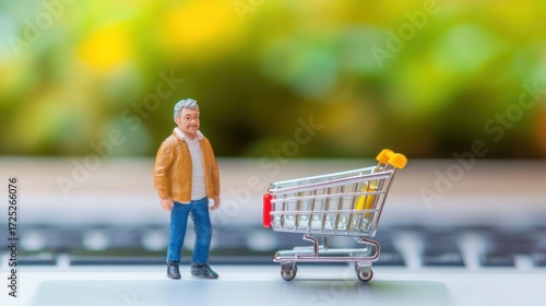 Miniature Man and Shopping Cart on Laptop: Online Shopping Concept