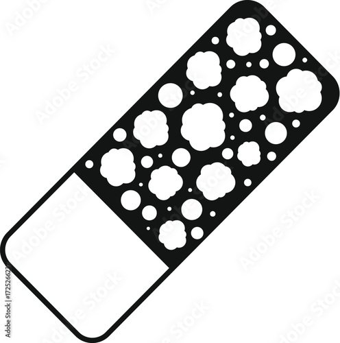 Black and white vector illustration of an effervescent tablet dissolving in water, creating bubbles, perfect for healthcare and medicine projects