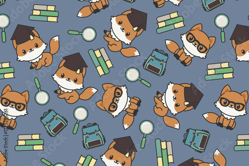 Cute Fox School Study Pattern swatch available in swatches panel, Graduation Seamless Vector Design