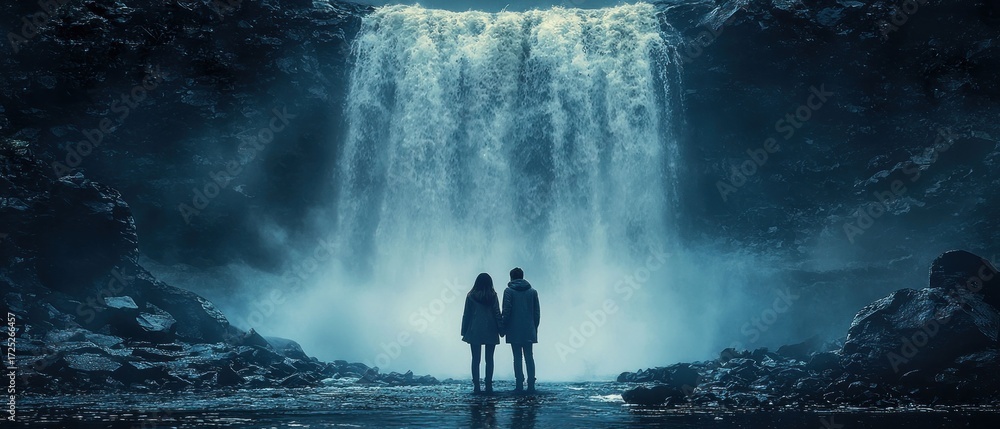 Obraz premium Enchanted Waterfall: A Couple's Serene Encounter