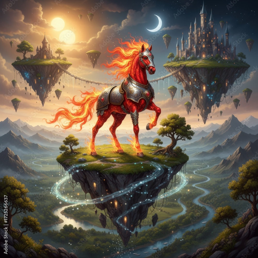 Naklejka premium Fiery red horse stands proudly on a floating island amidst a fantasy landscape with castles in the sky, connected by bridges under a dual sun and crescent moon