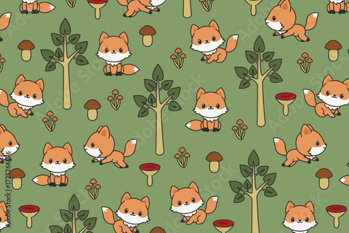Cute Fox Forest Pattern swatch available in swatches panel, Woodland Seamless Vector Design