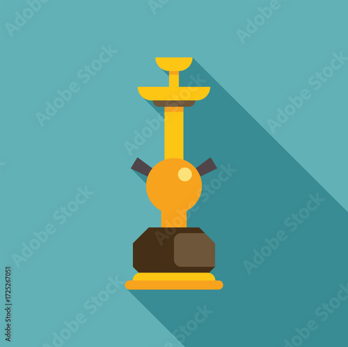 Hookah with golden stem and base, brown bowl, and two black hoses, casting a long shadow on a teal background