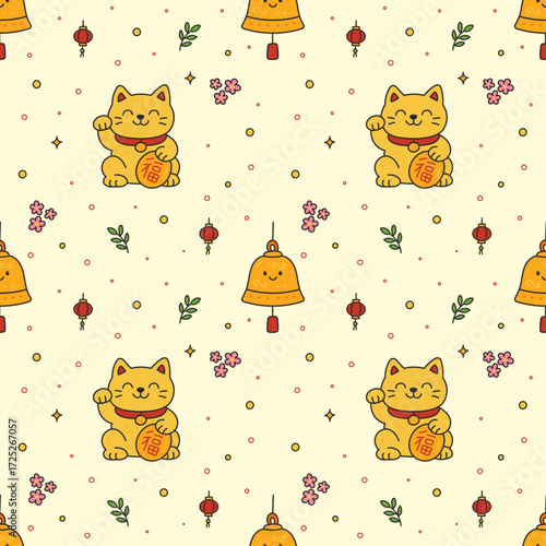Seamless Pattern with Lucky Cat Maneki Neko and Bell in Oriental Doodle Cartoon Style