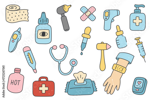Medical Cartoon Doodle Set with Syringe, Stethoscope, Thermometer, Pills, First Aid Kit, and Healthcare Icons