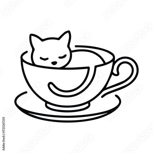 Adorable line art drawing of a sleeping cat curled up inside a teacup