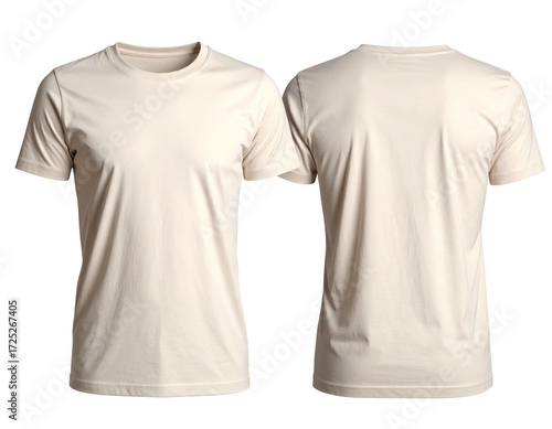 Front and back view of a light beige crew neck t-shirt (2)