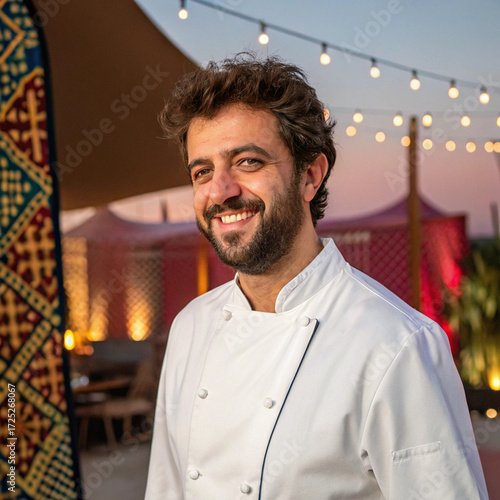 Smiling Male Chef in White Uniform Posing Outdoors at a High-End Event or Middle Eastern Restaurant Terrace


