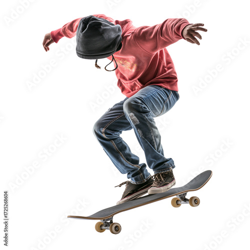 a young man performing a skateboard trick, isolated against a white background