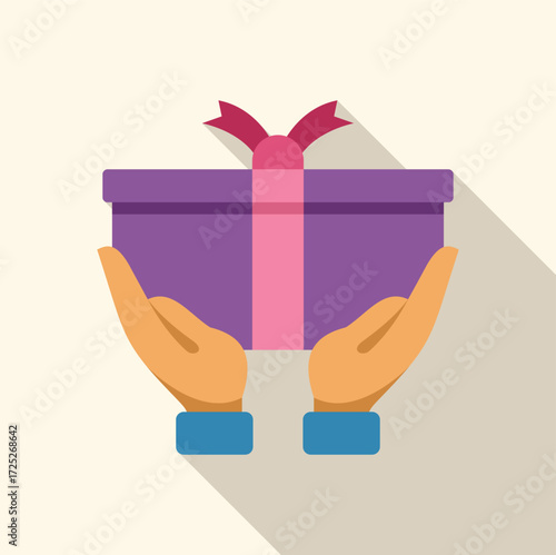 Hands carefully holding a purple gift box with a pink ribbon, symbolizing generosity, celebration, and special occasions