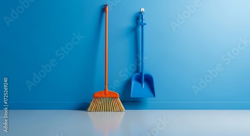 An orange broom and a blue dustpan hang on a bright blue wall, reflecting on a white floor.