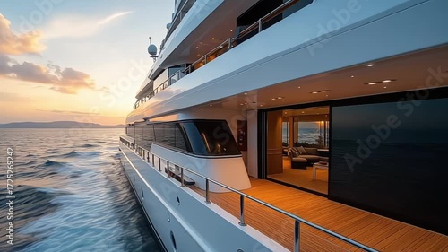 Luxurious yacht cruising on the ocean at sunset with elegant interior visible and calm seas