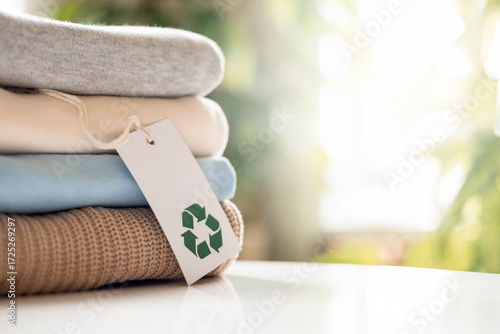 Stack of folded sustainable clothes with recycling tag on white table, eco-friendly concept
