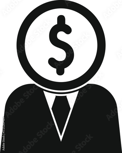 Businessman with dollar sign instead of head representing money oriented mindset, greed, profit, and wealth