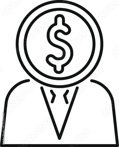 Business concept, businessman thinking only about money, dollar coin replacing head, greed and avarice