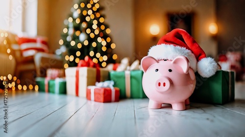 Pink piggy bank in Santa Klaus hat with gifts on table top, living room of house at background with blurred christmas eve and lights. Holiday card concept, place for text.