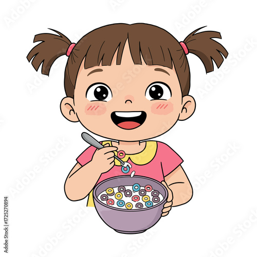 Cartoon Girl Eating Cereal with Spoon Smiling Brown Hair Pink Shirt.