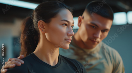 A trainee practices stance in an indoor range with a coach adjusting posture targets freshly hung safety gear neatly arranged and a quiet hum of ventilation depicted in a focus