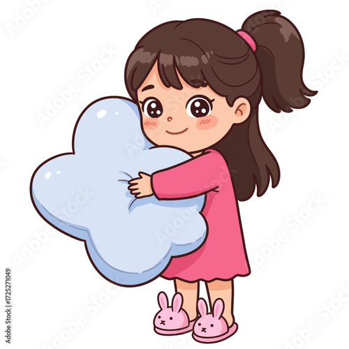 Cartoon girl hugging a cloudshaped pillow wearing pink dress and bunny slippers.