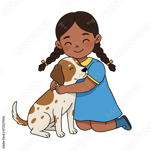 Cartoon girl hugging a spotted dog with love and affection smiling.