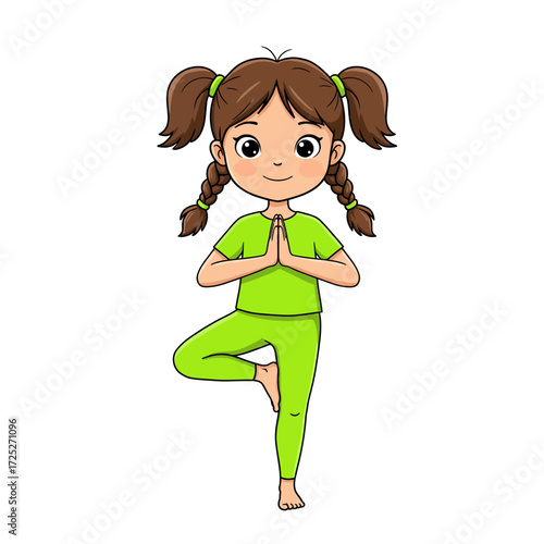 Cartoon girl in green yoga outfit in tree pose with hands in prayer position.