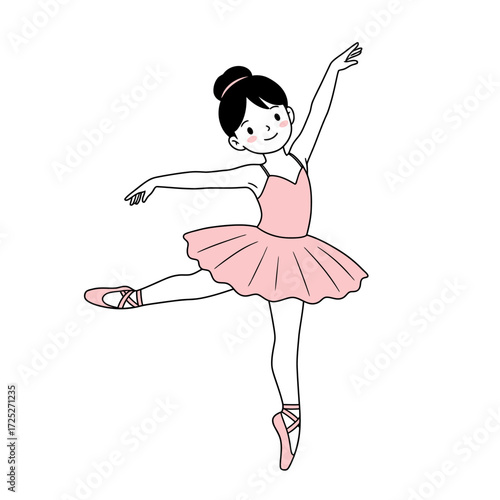 Ballerina in Pink Tutu Performing Ballet Pose with Graceful Arm Extension.