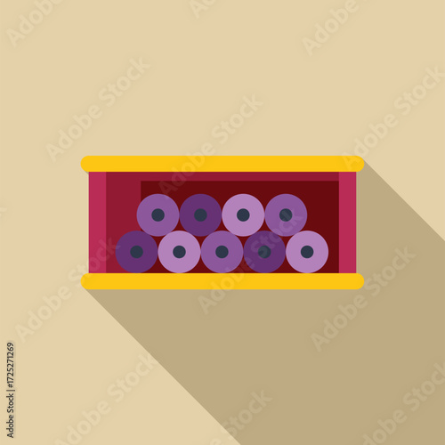 Colorful yarn balls are neatly arranged on a shelf, ready for knitting and crochet projects