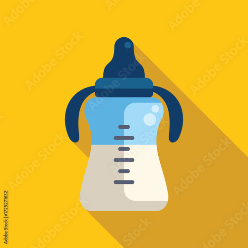 Baby bottle with handles filled with milk, promoting infant nutrition and childcare