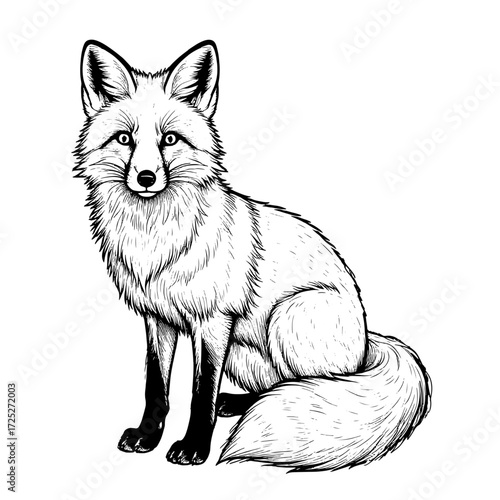 A fox sits with its tail wrapped around its paws, a black and white sketch. Vector illustration. A cunning forest animal, isolated on a white background