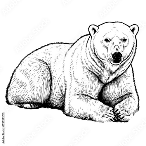 A polar bear is lying, a black and white sketch. Vector illustration. Predator of the north pole, isolated on a white background.