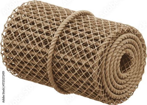 3D vector icon of rolled fishing net with rope details, minimal clean design