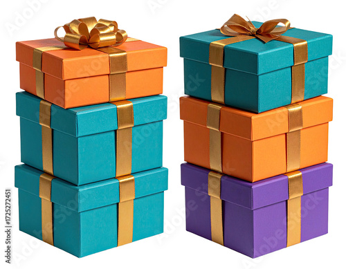 Two stacks of colorful gift boxes, each with gold ribbon and bows,  stand side by side