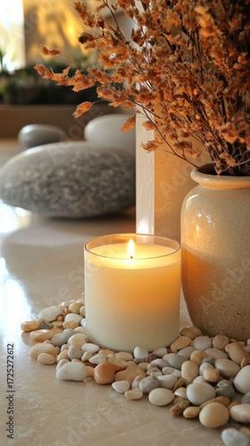 Serene Candlelight and Stones: A Tranquil Home Decor Scene